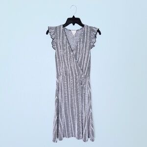 Caution To The Wind Black and White Striped Faux Wrap Mini Dress